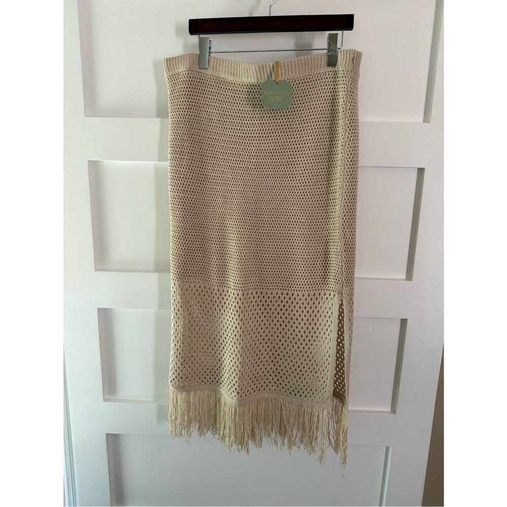 Ryegrass Beige Crochet Boho Fringe Midi Skirt